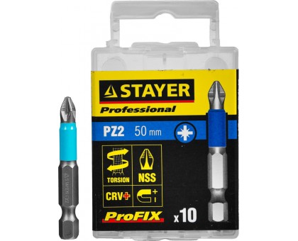 Биты STAYER "PROFESSIONAL" ProFix Pozidriv, тип хвостовика E 1/4", № 2, L=50мм, 10шт 26223-2-50-10_z01