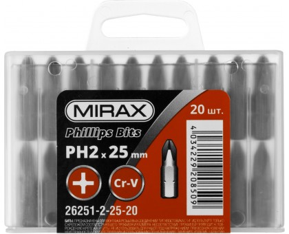 Биты MIRAX PH№2, тип хвостовика C 1/4", длина 25мм, 20шт 26251-2-25-20