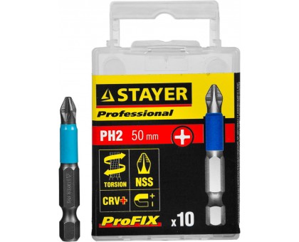 Биты STAYER "PROFESSIONAL" ProFix Phillips, тип хвостовика E 1/4", № 2, L=50мм, 10шт 26203-2-50-10_z01