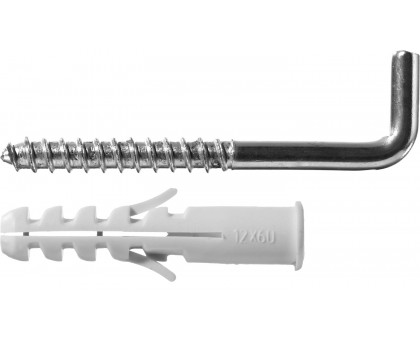 Дюбель распорный полипропиленовый, тип "ЕВРО", в комплекте с шурупом-крюком, 12 х 60 / 8 х 85 мм, 2 шт, ЗУБР Мастер 30676-12-60